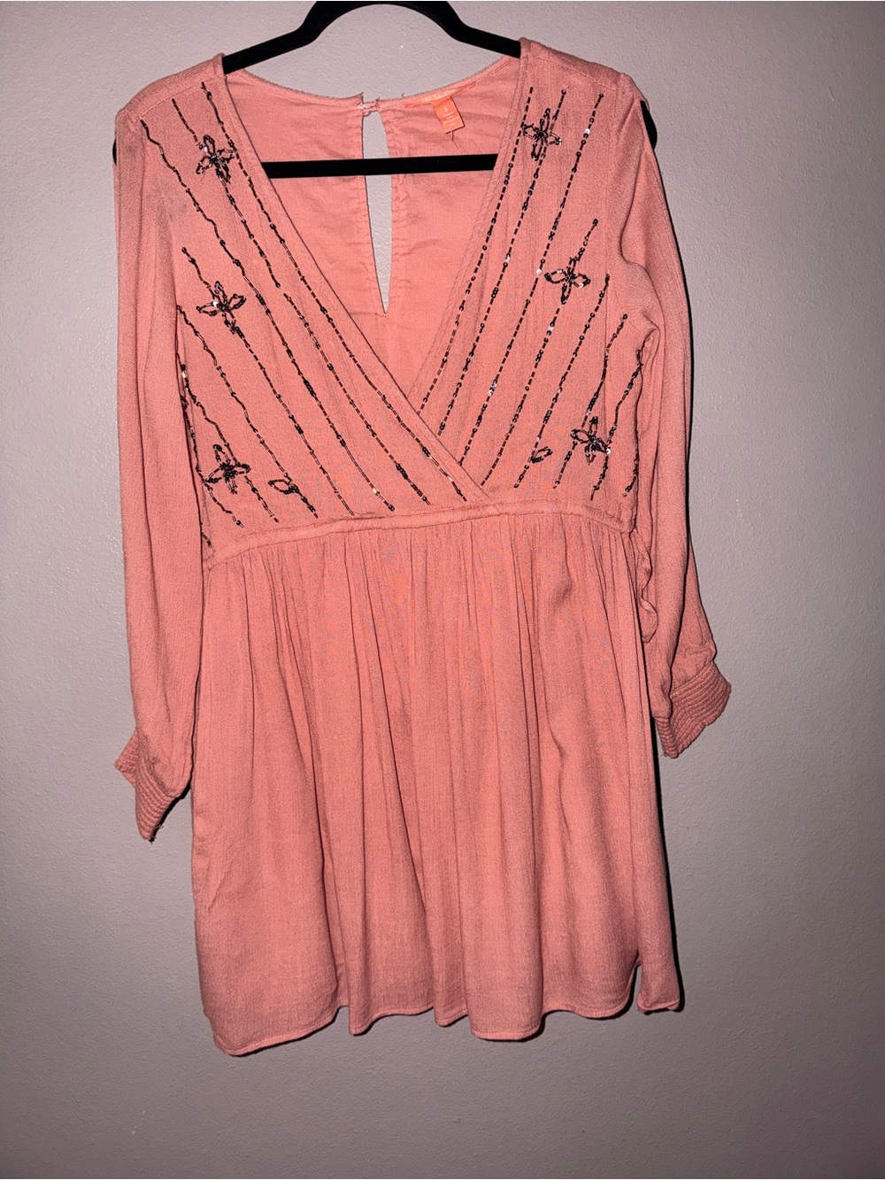 Chelsea & Violet Peach Beaded Wrap-Style Mini Dress